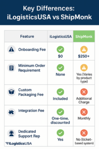 Comparison table highlighting key differences between iLogisticsUSA and ShipMonk 3PL services, including pricing, packaging, integration, and support