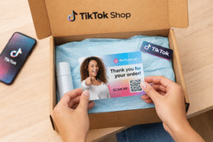 Customer opening a TikTok Shop package with influencer thank you card and branded ecommerce packaging