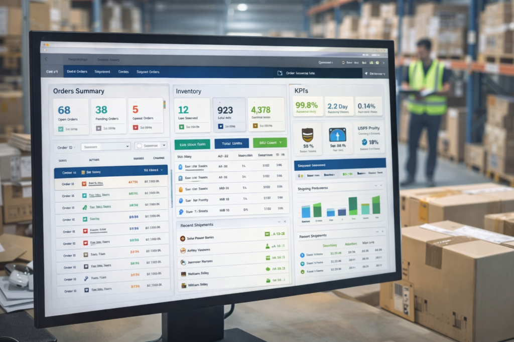 Real-time 3PL dashboard showing orders and inventory management in a modern Miami fulfillment warehouse