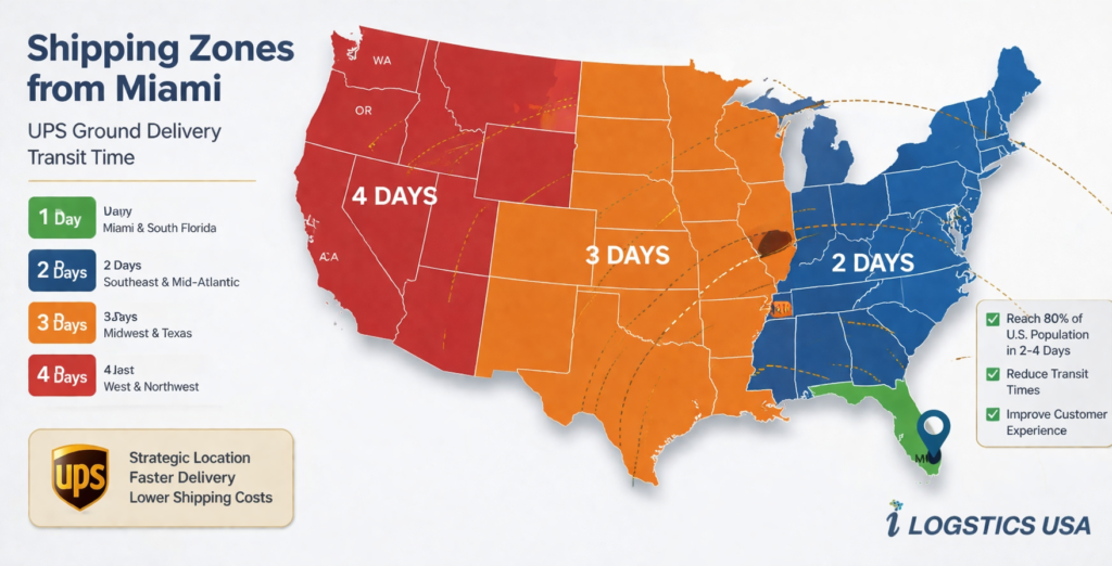 UPS Ground shipping zones map from Miami showing 1 to 4 day delivery coverage across the United States for 3PL fulfillment